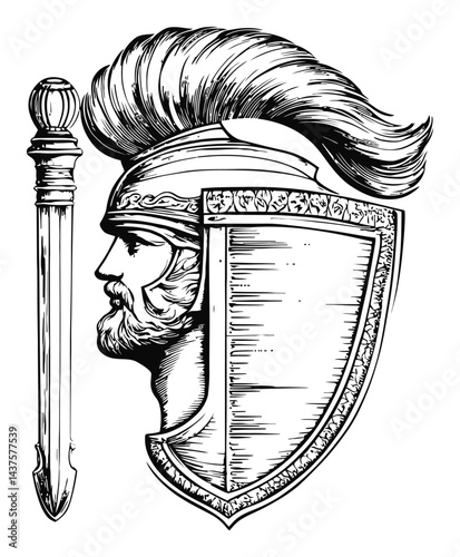 Detailed Engraving of a Warrior with Helmet and Sword Profile