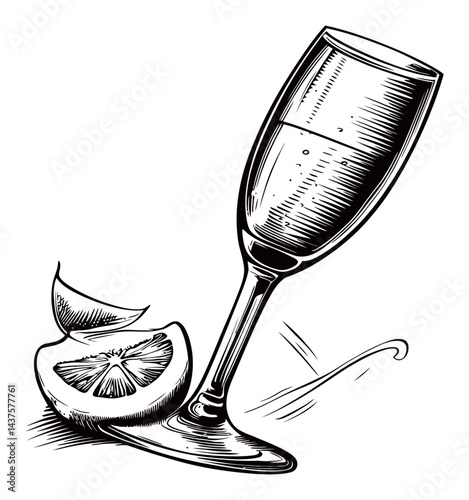 Elegant Engraving of a Wine Glass with Lemon Slice Illustration