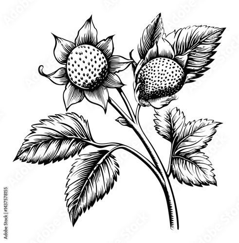 Detailed Vintage Engraving of Strawberry Plant with Leaves and Berries
