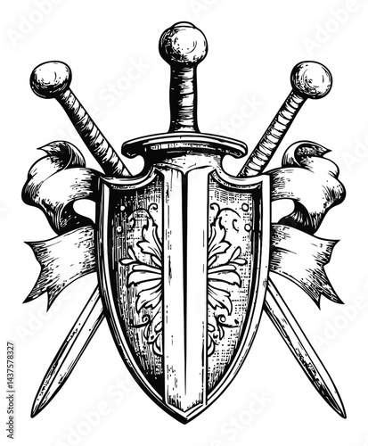 Detailed Engraving of Shield and Swords in Classic Style