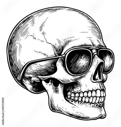 Detailed Engraving of Skull Wearing Sunglasses in Black and White