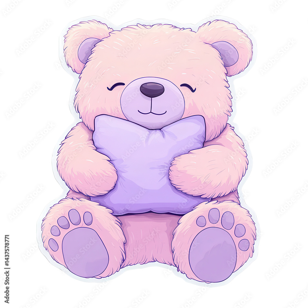 Cute pink teddy bear hugging a pillow, perfect for cozy home decorations.