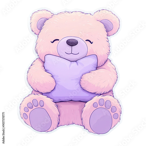 Obraz na płótnie Cute pink teddy bear hugging a pillow, perfect for cozy home decorations. w salonie