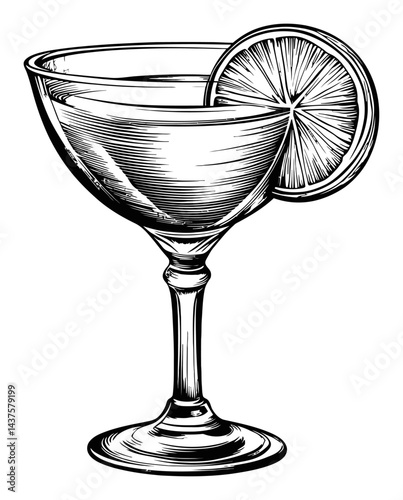 Vintage Engraving of a Cocktail Glass with Lemon Slice Detail