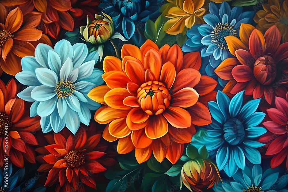 A vibrant and colorful painting of flowers, including chrysanthemums of various colors. A vibrant and colorful painting of flowers, including chrysanthemums of various colors.