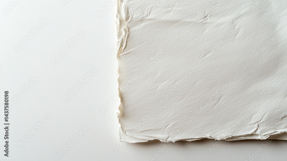 Obraz premium A sheet of rough, textured, off-white paper with torn edges lies on a flat, light surface.