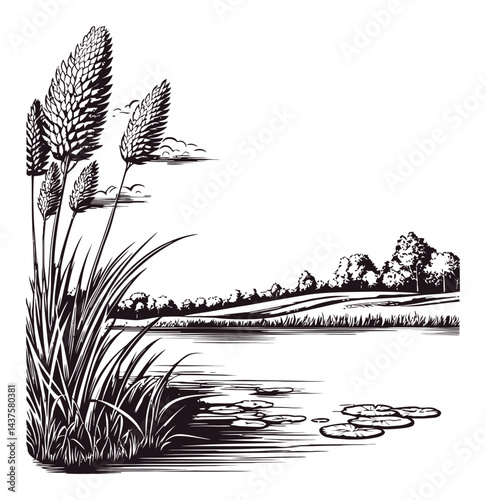 Black and White Engraving of Reed Plants by Calm Water Landscape