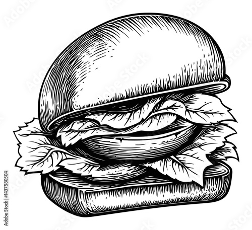 Vintage Engraving of a Delicious Hamburger with Fresh Ingredients