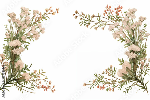 A floral frame made of Yarrow flowers and green leaves, delicate and elegant, in soft colors, transparent PNG background