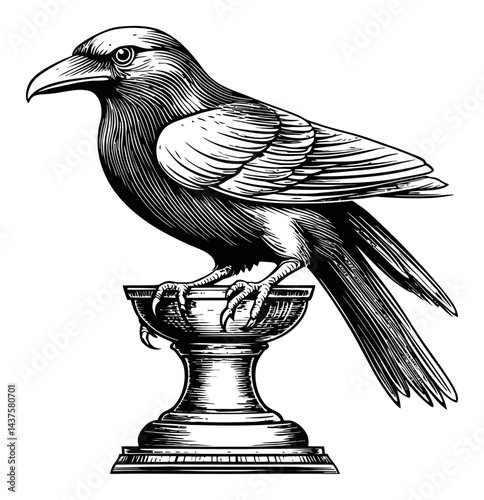 Detailed Black and White Engraving of a Bird Perched on a Pedestal