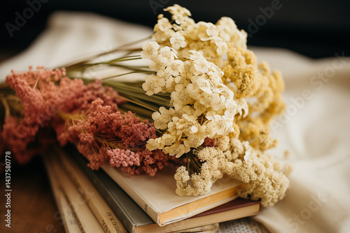 A gathered bouquet of Yarrow flowers in soft yellows, whites, and pinks wild and naturally styled. Herbology books and covers