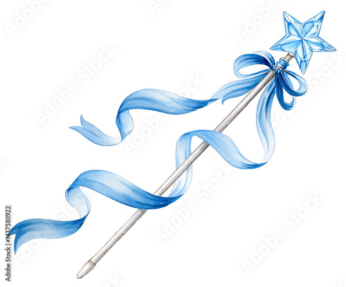A whimsical magic wand adorned with a blue ribbon and star-shaped charm, perfect for imaginative play, storytelling, and creative adventures.
