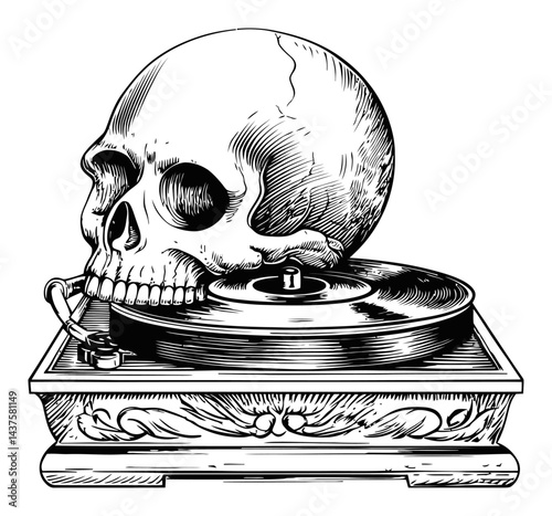 Skull Engraving on Vintage Turntable with Artistic Illustration Detail