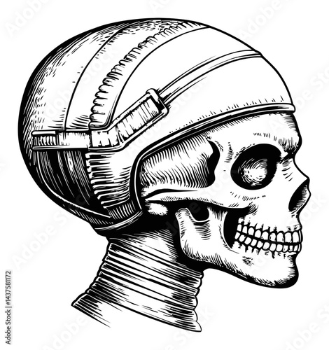 Detailed Vintage Engraving of a Skull Wearing a Military Helmet