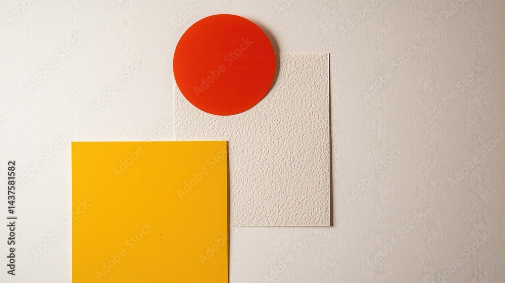 Obraz premium A red circle and yellow square overlap a textured white rectangle on a plain background, creating a minimalist abstract composition.