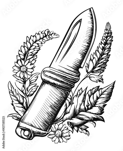 Vintage Engraving of a Knife Surrounded by Decorative Leaves