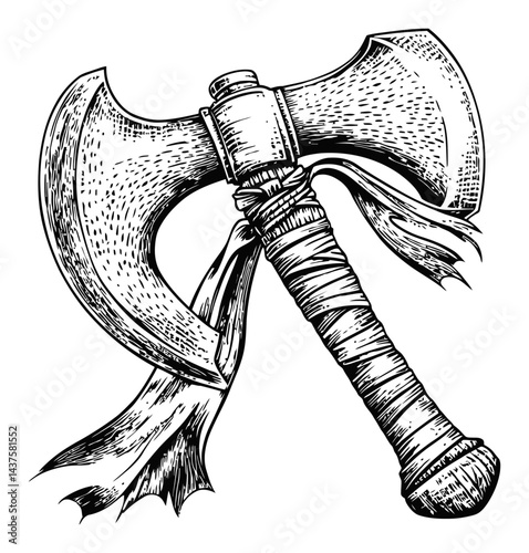 Detailed Vintage Engraving of a Battle Axe with Decorative Handle