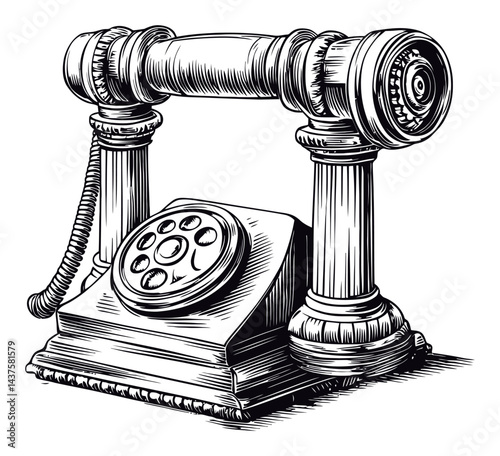 Vintage Engraving of an Antique Rotary Telephone Illustration