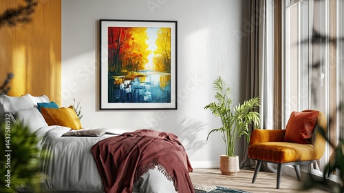 Modern bedroom with vibrant artwork  Cozy space with warm colors and natural elements