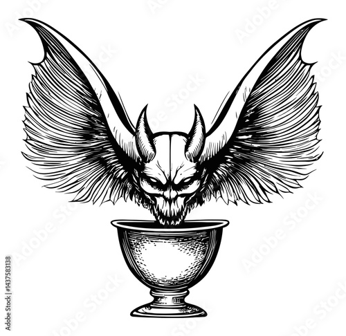 Dark Fantasy Engraving of Winged Skull Emerging from Goblet