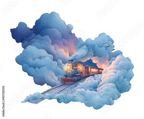 A vibrant illustration of a steam locomotive emerging from swirling clouds, capturing the essence of adventure and nostalgia in transportation.