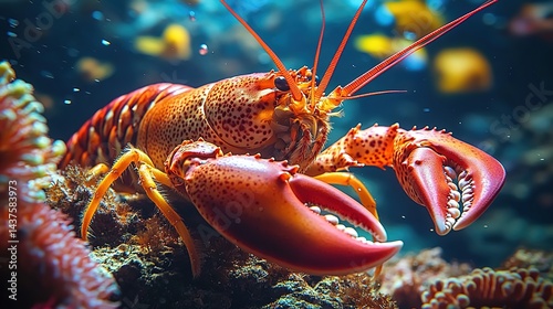 A colorful lobster with orange and red hues, standing on a coral reef, with a blue ocean background, surrounded by small fish and bubbles, symbolizing marine biodiversity. photo