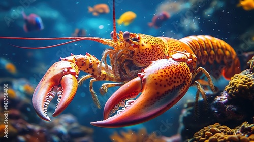 A colorful lobster with orange and red hues, standing on a coral reef, with a blue ocean background, surrounded by small fish and bubbles, symbolizing marine biodiversity. photo