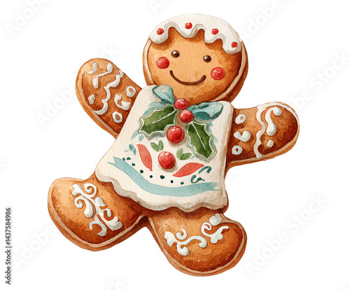A whimsical gingerbread cookie is adorned with icing and festive decorations, perfect for holiday treats and seasonal baking inspiration.