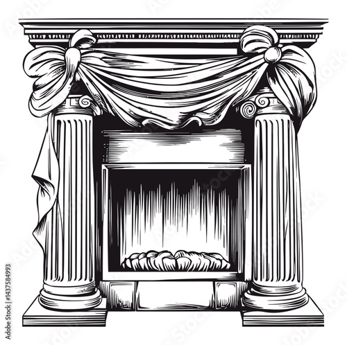 Classic Black and White Illustration of an Elegant Fireplace Design