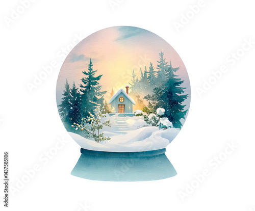 A serene snow globe featuring a cozy cabin surrounded by evergreen trees, encapsulating the magic of winter in a peaceful snowy landscape.
