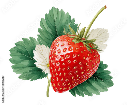 A vibrant strawberry with lush green leaves, beautifully illustrated to highlight its freshness and sweetness, perfect for culinary presentations.