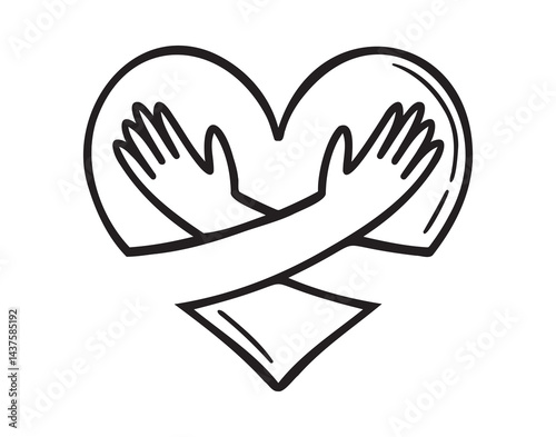 heart with hand hug gesture icon doodle hand drawn. Outline heart hug line drawing clipart symbol