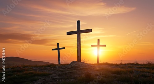 Three Crosses Silhouette at Sunset, Spiritual Landscape