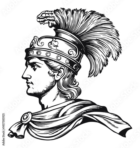 Detailed Engraving of a Roman Soldier in Profile with Feathered Helmet