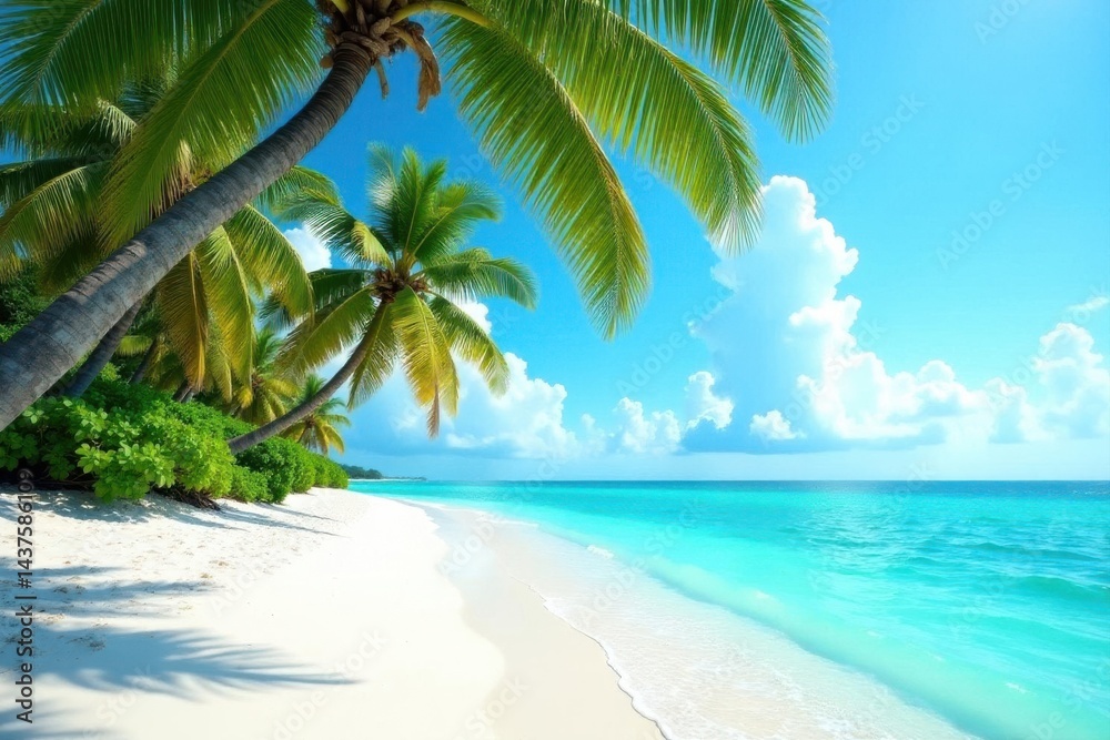 Turquoise water laps a white sand beach, palm trees sway gently , blue, waves, bahamas Turquoise water laps a white sand beach, palm trees sway gently , blue, waves, bahamas