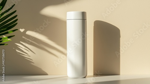 Wallpaper Mural Minimalist white thermos bottle standing on a sunlit surface with a plant shadow on a beige background. Torontodigital.ca