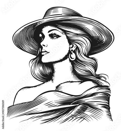 Elegant Woman in Hat Engraving with Vintage Illustration Style