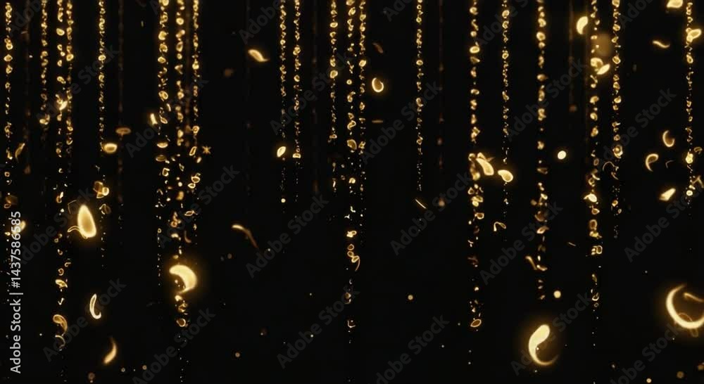 Golden particles falling on black background