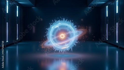 Translucent AI Server Core Floating in Zero-Gravity Lab with Orbiting Light Particles – Futuristic Technology Concept.