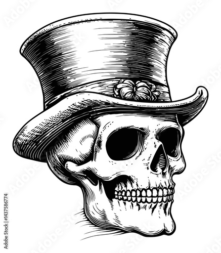Vintage Engraving of a Skull Wearing a Top Hat Illustration