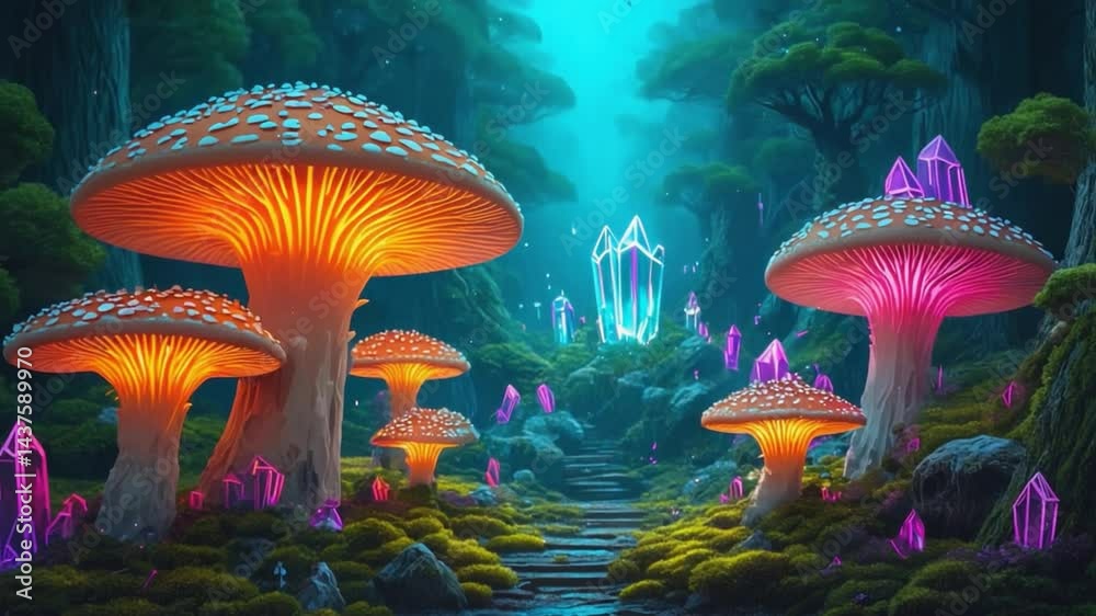 Fantasy forest path lit by glowing mushrooms and crystals.