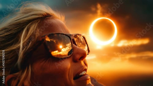 Enthralled woman watches solar eclipse with mirrored sunglasses reflecting sun, clouds, and glowing halo in the bright sky.