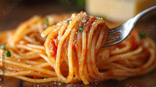 Photo of spaghetti on a fork, against a brown background, a stock photo for web design and social media advertising. Spaghetti flowing from the end to the middle, with some parmesan cheese and red pep