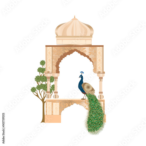 Moroccan decorative floral wallpaper with peacock, dates tree, plant seamless pattern