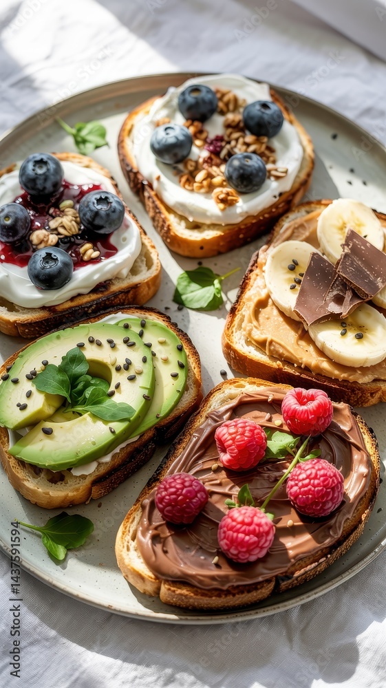 Plate of six gourmet breakfast toasts with avocado, berries, and nuts Plate of six gourmet breakfast toasts with avocado, berries, and nuts