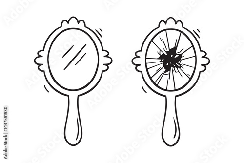 mirror, broken mirror with handle doodle hand drawn icon. Outline drawing mirror line clipart symbol
