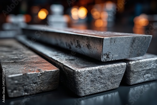 Ingots of beryllium metal stacked. metalworking in industry and scientific alloy bars. Solid element, production material. Generative Ai