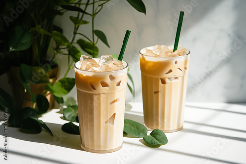 A Iced latte cup surrounded by green leaves, reusable bamboo straw, set on a light stone background 
