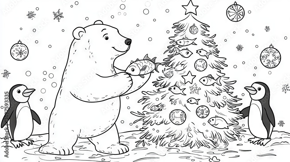 Obraz premium Winter Scene with Bear and Penguins Coloring Page for Kids