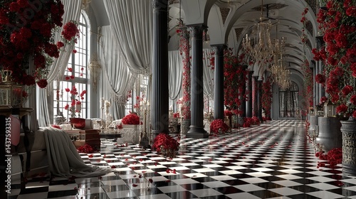 The inside of a gothic ballroom has a black and white checkered floor and an arrangement of red roses. draperies, columns, and a gray, weird crucifix. Generative Ai